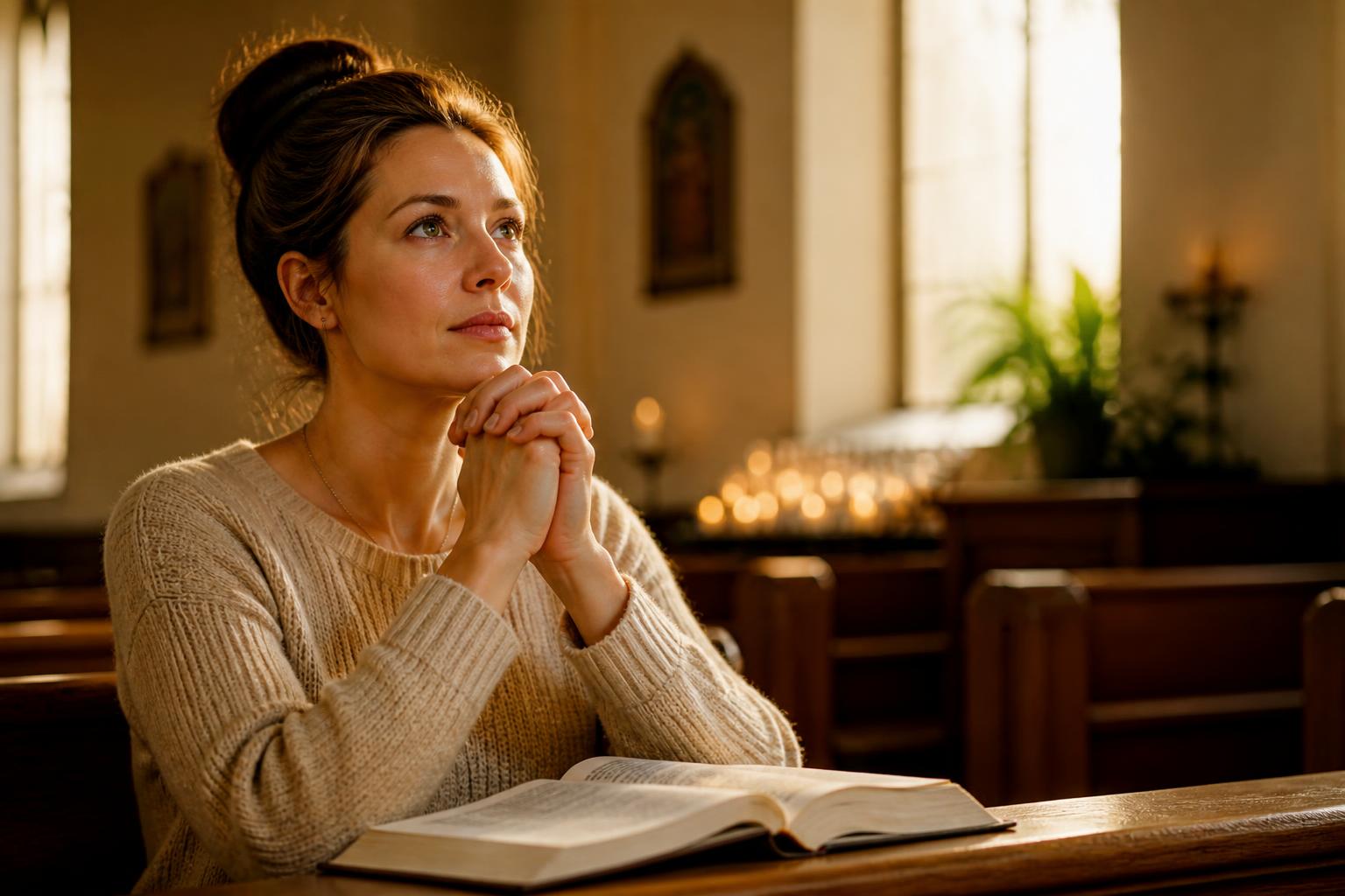 Christian friends talking and studying the Bible together in a sunlit church