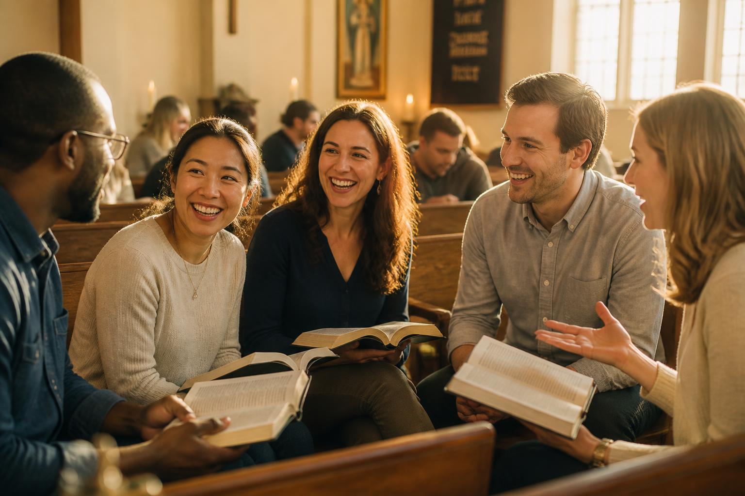 Christian friends talking and studying the Bible together in a sunlit church