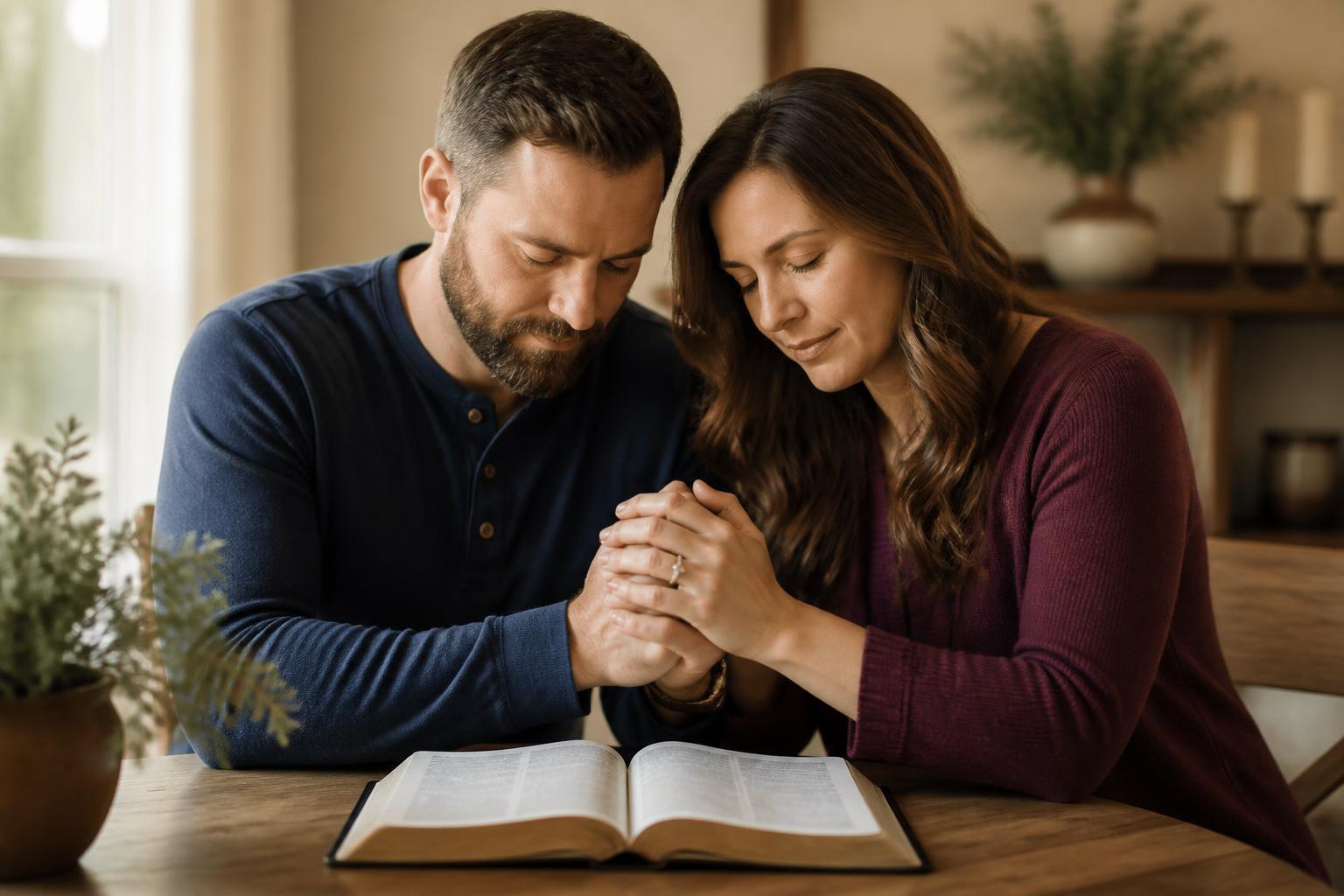 A married couple praying together over an open Bible
