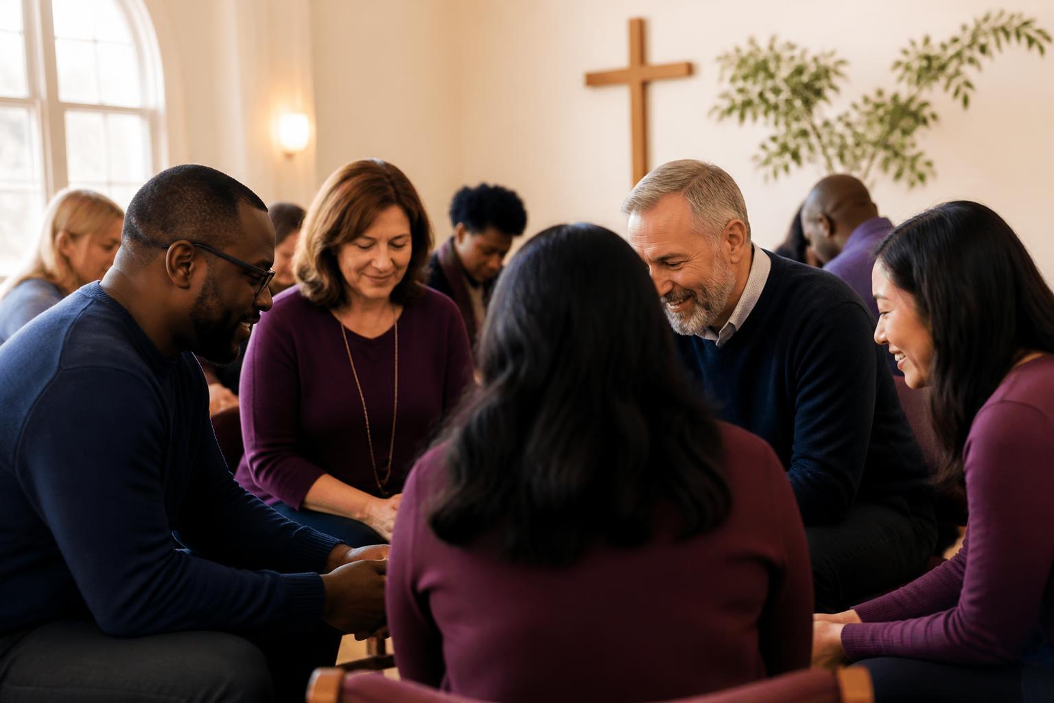 Believers praying together in a church fellowship room