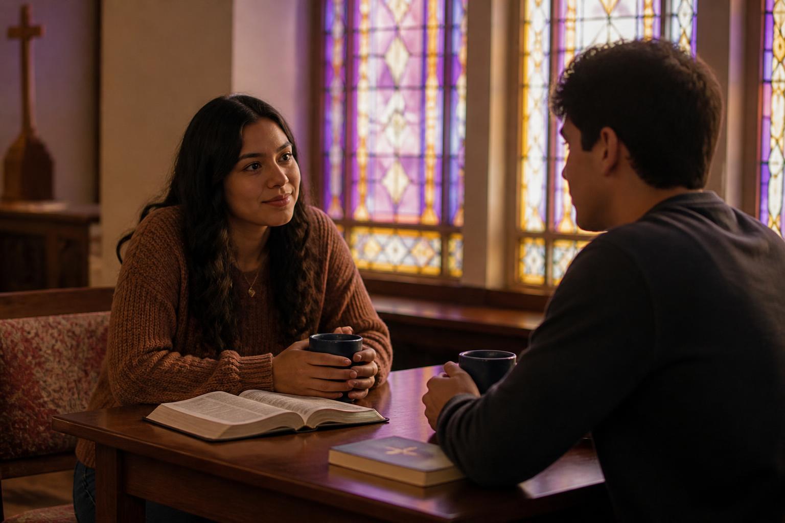 Christian friends talking and studying the Bible together in a sunlit church